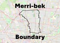 A black dashed boundary is drawn around the outskirts of Merri-bek on a map, with the words "Merri-bek boundary", in black lettering