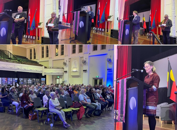 Separate photos of Uncle Bill, Cr Irvin and Cr Bell speaking with Jose, a photo of the audience and a photo of Kirsty speaking, Separate photos of Uncle Bill, Cr Irvin and Cr Bell speaking with Jose, a photo of the audience and a photo of Kirsty speaking,